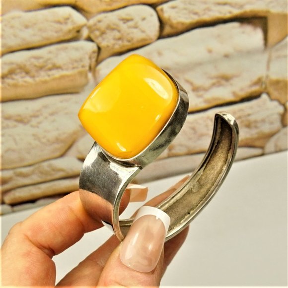 BOLD AMBER 925 SILVER ASYMMETRICAL BRACELET, Egg Yolk Amber Stone, Rare to Find - Picture 2 of 10